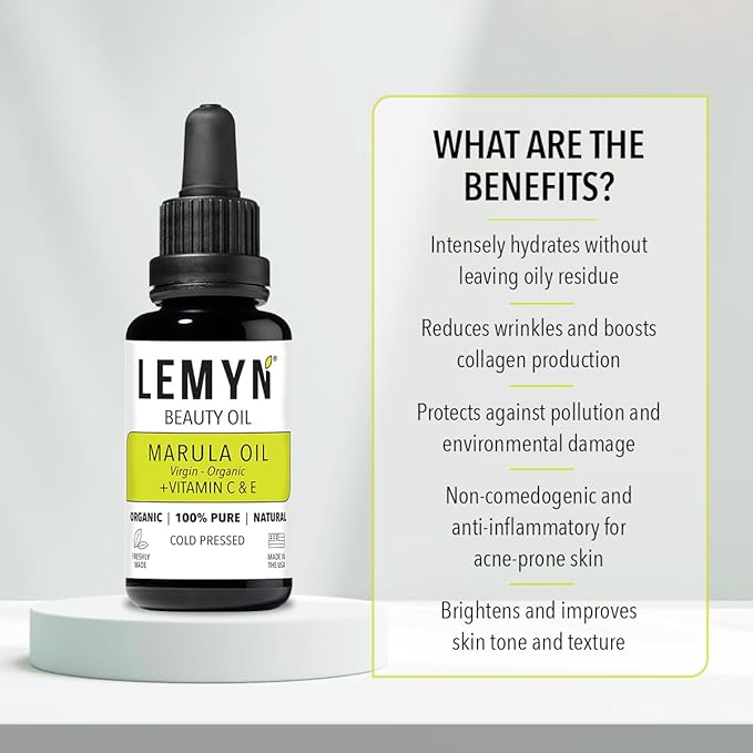 Lemyn Organics Virgin Marula Face Oil | Supercharged with Vitamin C & E | Freshly Made | Intense Hydration & Radiance Boost | Anti-Aging Skin Care and Face Moisturizer | Organic – Vegan – Cruelty-Free