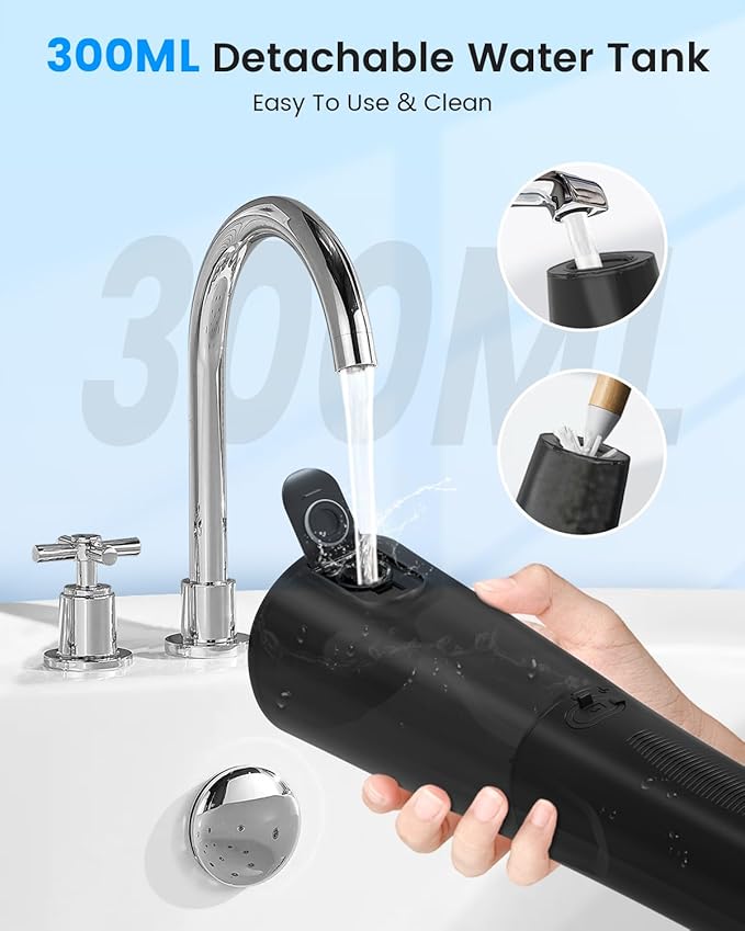 VIMMK Water Flosser, Cordless Water Dental Flosser, 9 Jet Tips 5 Modes 300ML IPX7 Waterproof, Portable Rechargeable Oral Irrigator for Home Travel - Gums, Orthodontic, Braces Care - Black