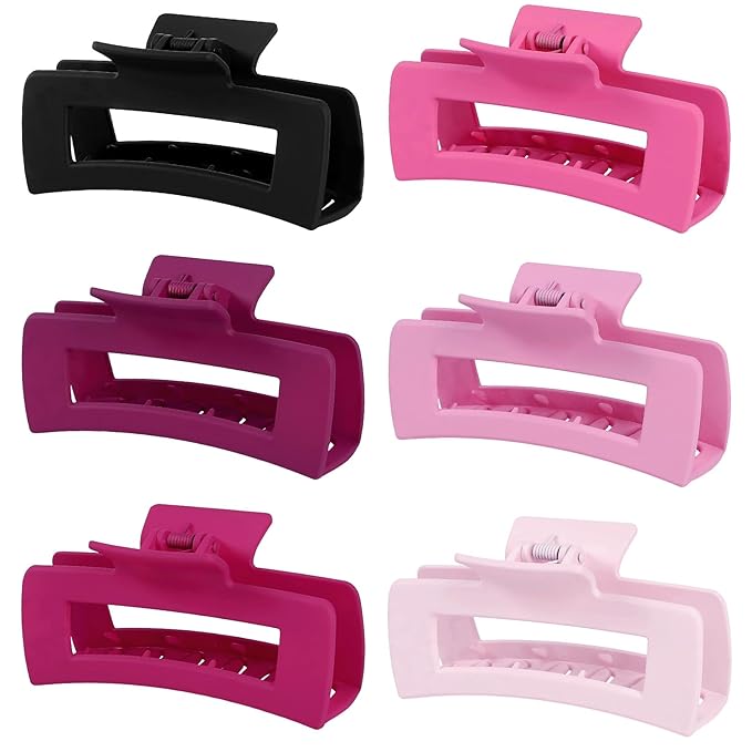 4 Inch Big Hair Claw Clips 6 Pcs Large Claw for Thick Hair Square Hair Clips for Women Rectangle Hair Clips Nonslip Acrylic Banana Jaw Clips Hair Accessories for Girls (Pink Purle)