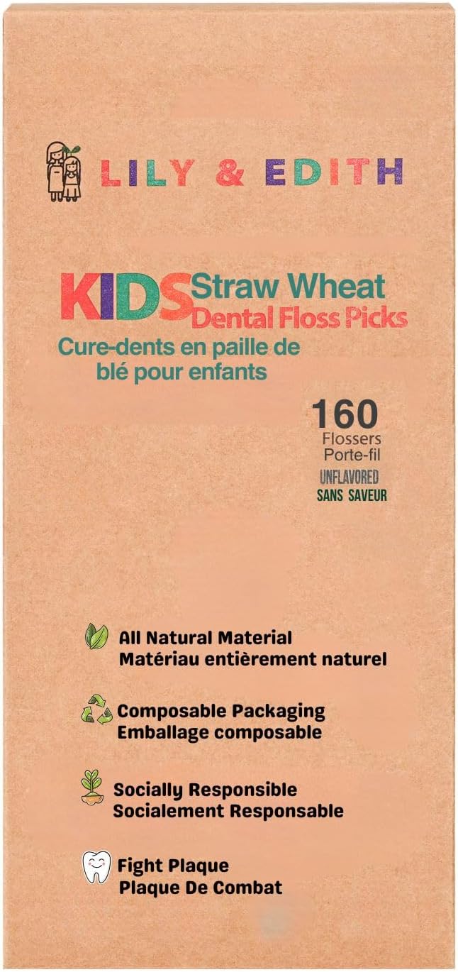 LILY & EDITH Straw Wheat Kids Flossers 160ct, Plant Based Dental Floss Picks for Children, Fluoride & Chemical Free(PFA Free), Penguin Flossing Sticks for Toddler, Paper Package, Unflavored
