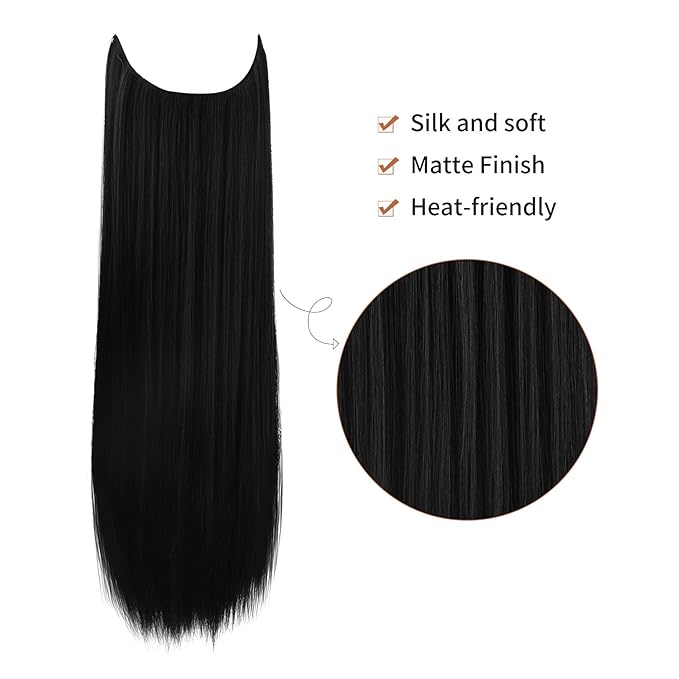 REECHO Invisible Wire Hair Extensions with Transparent Headband Adjustable Size Removable Secure Clips in Straight Secret Hairpiece for Women (16 Inch (Pack of 1), Natural Black)