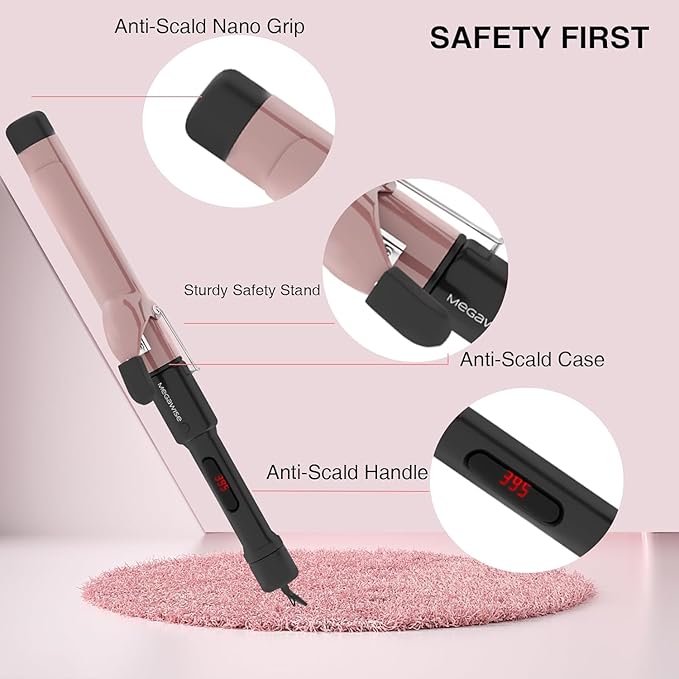 MEGAWISE Pro 1.25 Inch Ceramic Barrel Hair Curling Iron with 60s PTC Fast Heating, Anti-Scald Grip & Tip, Auto Shut Off, 360° Swivel Cord, 2 Clips & Heat-Resistant Glove Included