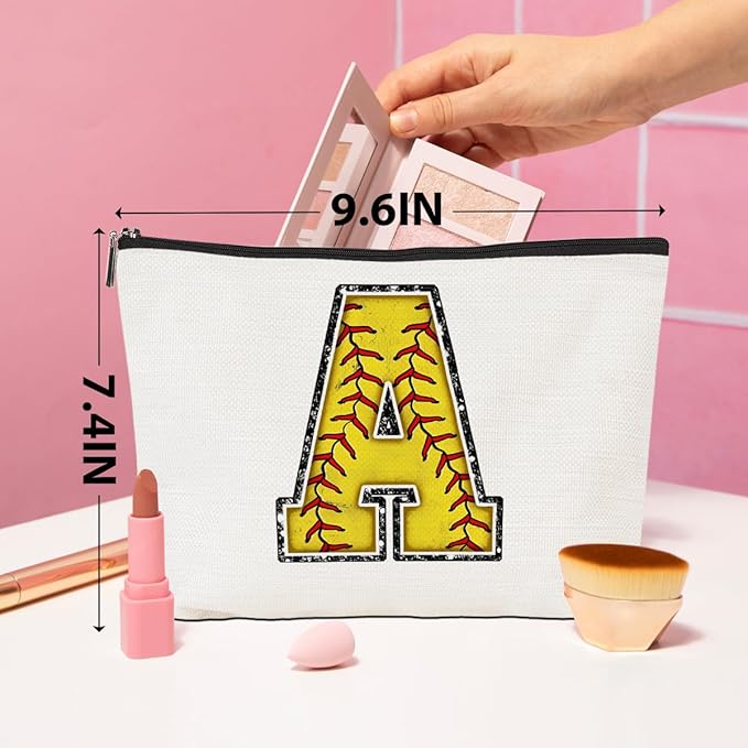 CQM Softball Gifts Initial Makeup Bag Monogrammed Cosmetic Bag Letter A Zipper Pouch Softball Accessories for Girls Women Player Coaches Friend Graduation Birthday Gifts