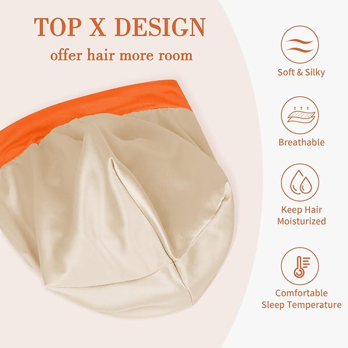 Fittia Satin Hair Bonnet for Sleeping, Silky No Frizzy for Curls Care, Adjustable Strap for Non-Slip, Dreadlocks Cap for Women&Men Orange