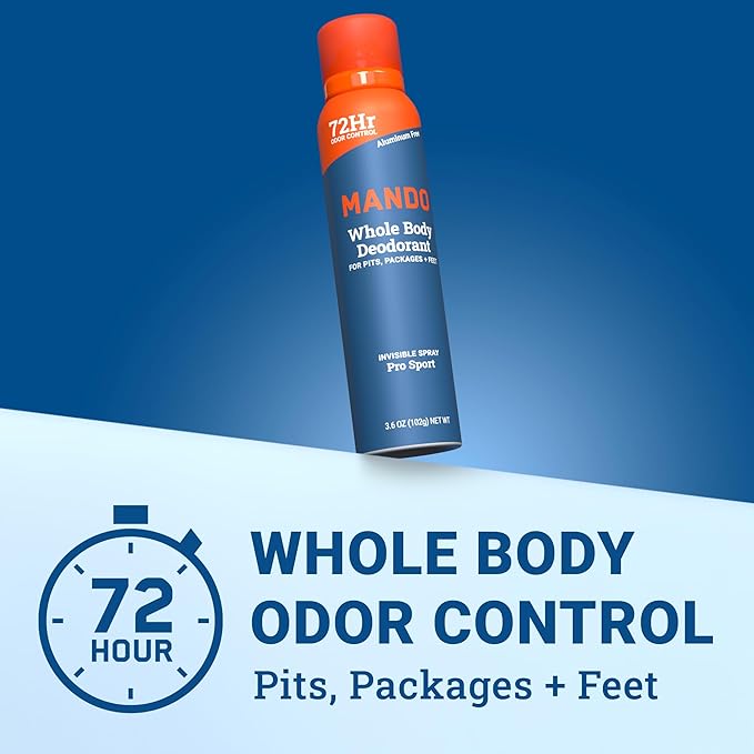 Mando Whole Body Deodorant For Men - Invisible Spray Deodorant - 72 Hour Odor Control - Low Irritation Formula - Aluminum Free, Benzene Free - 3.6 ounce Can - Pro Sport