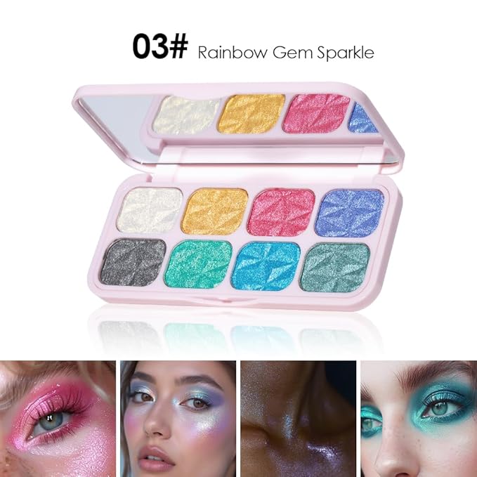 8-Color Glitter Eyeshadow Palette, Rainbow Gem Sparkle, Vibrant Multicolor Shimmer Shades, Waterproof Long-Lasting Formula, Smooth Pigmented Eye Makeup for Creative Looks