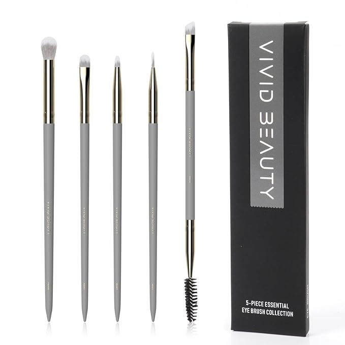 Small Makeup Brush Set 5pcs, Eye Makeup Brushes for Eyeshadow, Eyeliner & Eyebrow – Tiny Makeup Brush with Blending, Concealer, Detail & Dual-Ended Brow Spoolie, Wooden Handle, Eye Brush Kit (Grey)