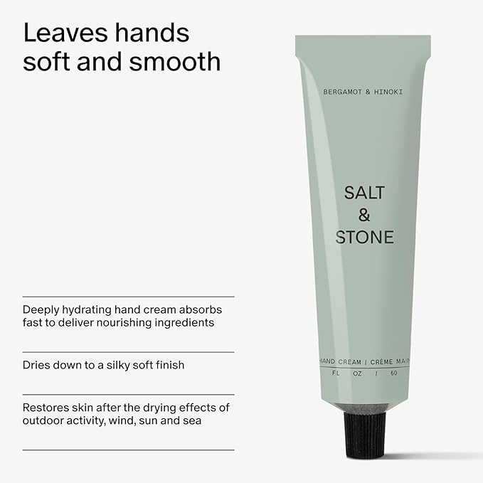 Salt & Stone Hand Cream for Women & Men | Bergamot & Hinoki | Hydrates, Nourishes & Softens Skin | Restores Dry Cracked Hands | Fast-Absorbing | Cruelty-Free & Vegan (2 fl oz)