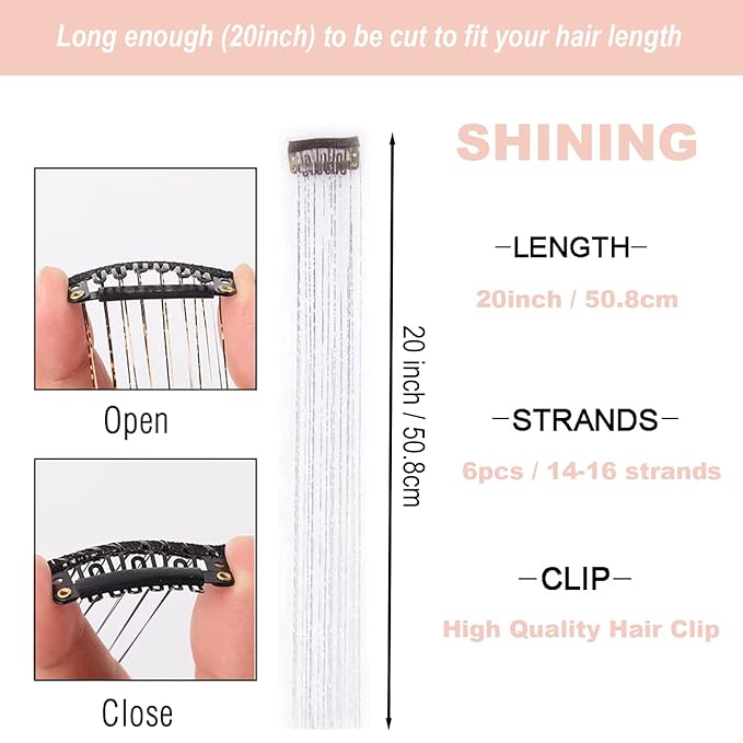 47" Holographic Hair Tinsel Shining Gold Professional Sparkle Heat-Resistant Silk Extensions,Hair Accessories for Girls, Party Hair, Gifts for Girls (6PCs Clip in Hair Tinsel Kit, Shining Silver)