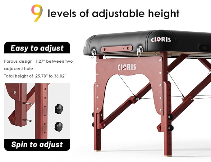 CLORIS 84" Luxury Massage Table Portable 2 Folding Lightweight Facial Salon Spa Tattoo Bed Height Adjustable with Carrying Bag & Wooden Leg Hold Up to 1500LBS