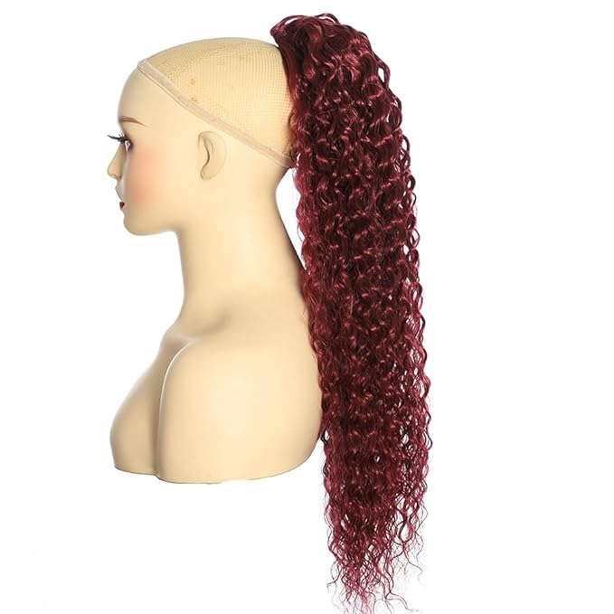 Deep Wave Ponytail Extension for Women 12 Inch Wine Red Curly Wavy Ponytail Hair Extensions Drawstring with Clips Short Synthetic Hairpiece for Daily and Party