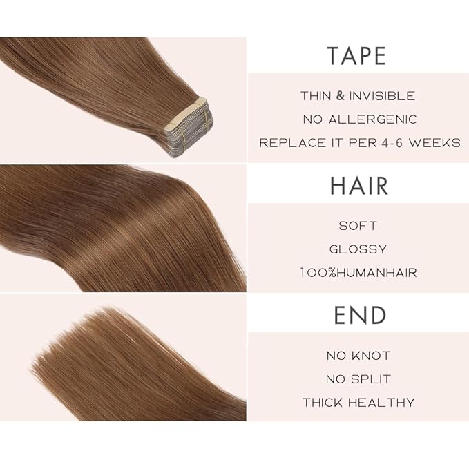 Tape in Hair Extensions Human Hair for Women 20pcs 18 Inches Hair Extensions Real Human Hair Tape Ins Invisible Human Hair Tape in Extensions Skin Weft Medium Brown (6#,18 Inch)