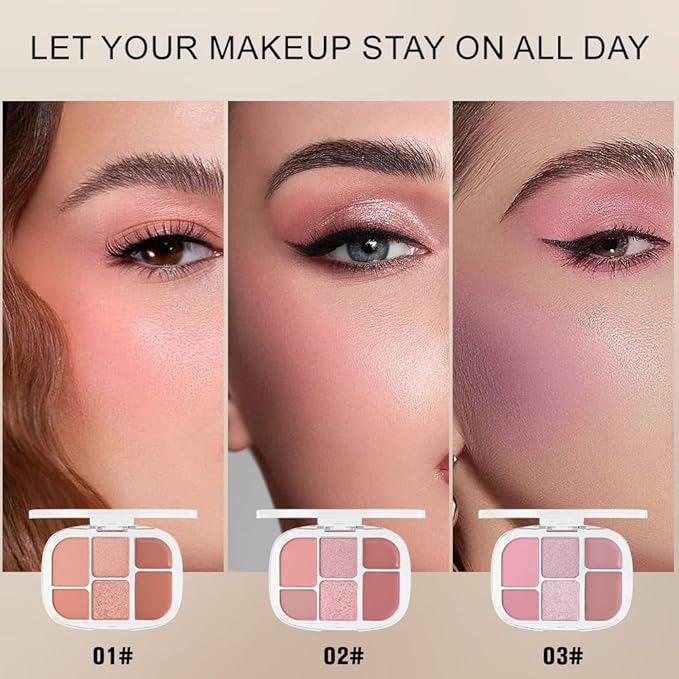 6-in-1 Cream & Powder Makeup Palette – Blush Highlighter & Eyeshadow, Matte & Shimmer Rose Nude Tones, Travel-Friendly Compact for Daily & Travel Use 02