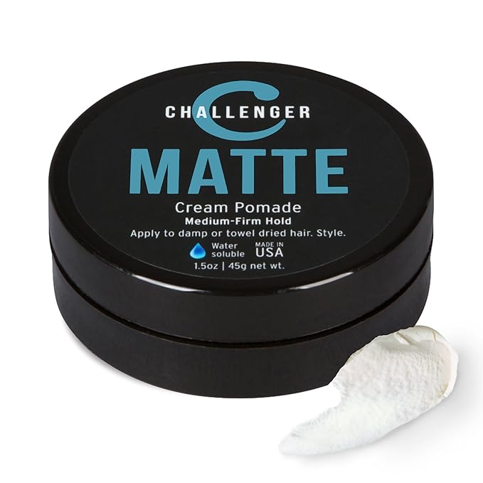 Challenger Matte Cream Pomade | Natural, Shine Free Styling Product | Medium Firm All-Day Hold | Travel Friendly Water Based Hair Gel | For All Hair Types | 1.5oz