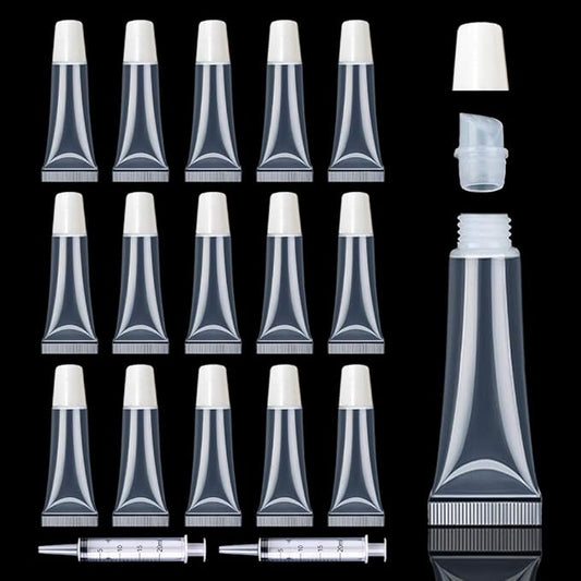 AMORIX 50PCS 10ml Lip Gloss Tubes Clear Empty Lip Balm Containers with White Cap Refillable Soft Cosmetic Squeeze Tubes for Lip Gloss Base Glitter Pigment Powder 2 Syringes + Tag Labels Stickers