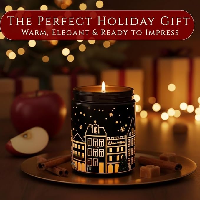 Apple & Cinnamon Scented Candle (Black Jar), 40-Hour Burn, Dual Light Glow, Premium Soy Wax, Warm Spiced Aromatherapy Candle for Bedroom & Bathroom, Holiday Gift – 7oz (200g)