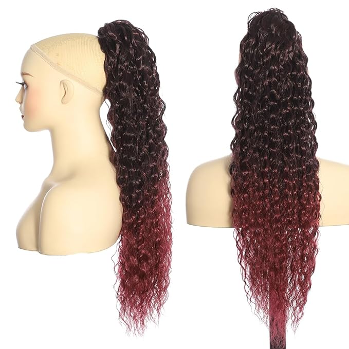2 Pcs Deep Wave Ponytail Extension for Women 24 Inch Curly Wavy Ponytail Hair Extensions Drawstring Ponytail with Clips Long Synthetic Hairpiece for Daily and Party (11B/Bug&1B/Red)