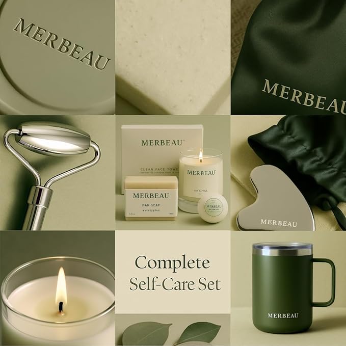 Merbeau Luxury Self Care 13 Piece Gift Set – Non-Toxic, Clean Ingredients, Naturally-Scented Essential Oils, Candle, Socks, Bar Soap, Bath Bomb, Clean Towels, Hair Clip, Tumbler & More – Spa Kit, NEW