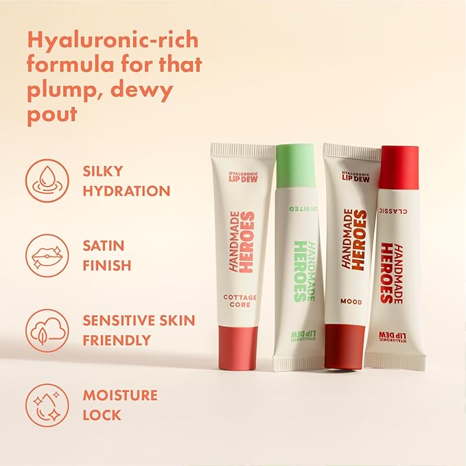 Handmade Heroes 100% Natural Vegan Tinted Lip Gloss with Hyaluronic Acid - Lightweight Moisturizing Soft Lipstick for Dry Lips - 4pc Lip Care set