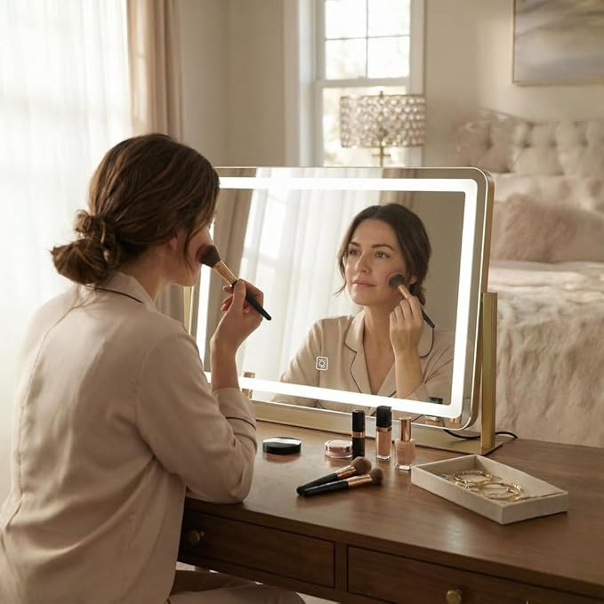 Vanity Mirror with Lights, 22''x17'' Lighted Makeup Mirror, LED Makeup Mirror, Dimmable, Smart Touch with 3-Color Lighting Modes, for Bedroom Tabletop - Gold