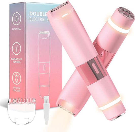Bikini Trimmer for Women - 2 in 1 Painless Electric Razors for Women, IPX7 Waterproof Rechargeable LED Dual Head Electric Shaver for Lady Bikini Underarm, Body, Leg, Face Hair Remove (Pink)