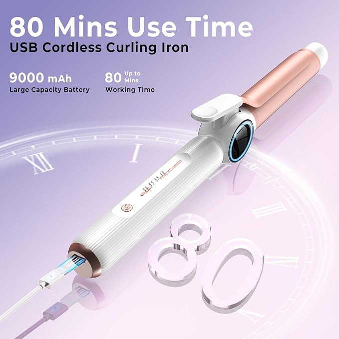 Cordless Curling Iron Rechargeable,USB Rechargeable 9000 mAh Cordless Hair Curler,4 Temp Setting Travel Battery Powered Curling Iron,2 in 1 Portable Hair Straightener and Curler