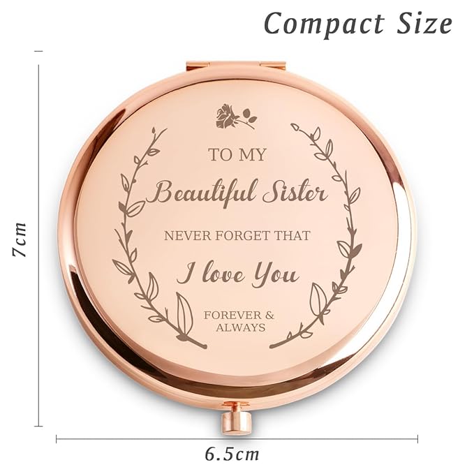 Personalized Gifts for Sister, Sentimental Sister Gifts for Birthday, Valentines Day, Wedding, Custom Engraved Compact Mirror, Goodie Bag & Basket Stuffers