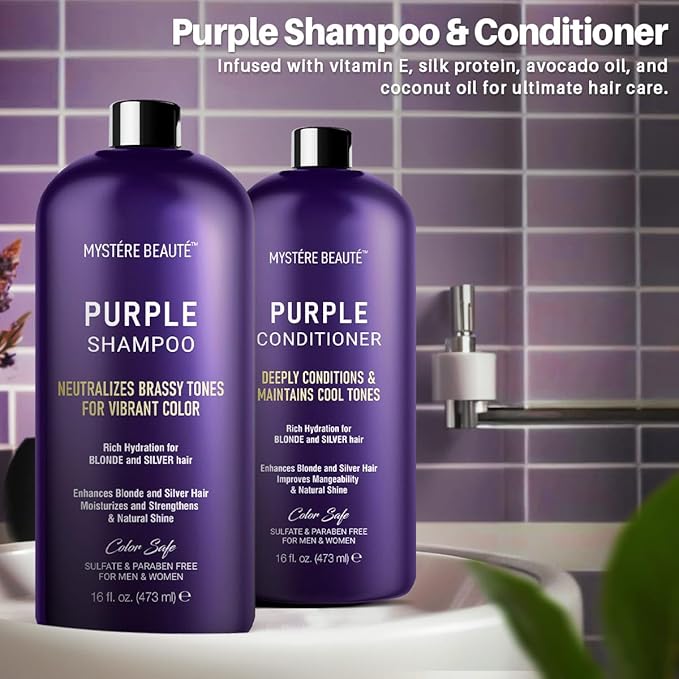 MYSTÉRE BEAUTÉ Purple Shampoo and Conditioner Set, For Blonde, Silver, and Gray Hair - Purple Shampoo Conditioner for Men Women, Sulfate Free Anti Yellowing Vibrant Color Protection - 16 fl oz each