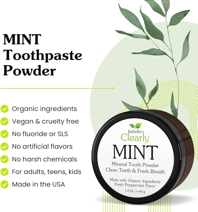 Isabella's Clearly Mint Remineralizing Tooth Powder - Natural Fluoride Free Toothpaste for Adults, Teeth Whitening, Xylitol, Baking Soda, Clay, Calcium