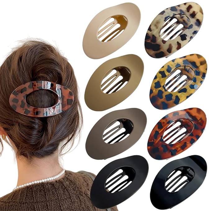 8PCS Flat Hair Clips for Women Girls,Large Strong Hold Ladies Hair Claw Clamp Barrettes for Lying Down Styling Accessories, Elegant 4.33" Big Matte Neutral Leopard Color(Oval)