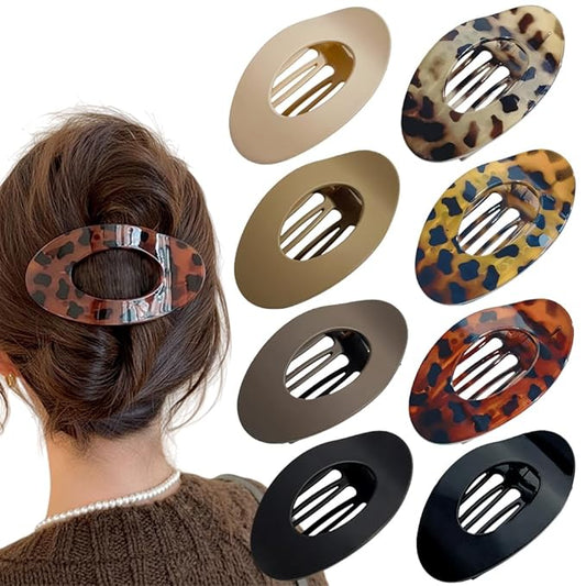 8PCS Flat Hair Clips for Women Girls,Large Strong Hold Ladies Hair Claw Clamp Barrettes for Lying Down Styling Accessories, Elegant 4.33" Big Matte Neutral Leopard Color(Oval)