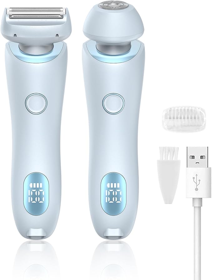 Electric Shaver for Women - Painless Lady Razor Facial Hair Remover 2-in-1 Wet and Dry Cordless Portable Bikini Trimmer for Face Armpit Legs Body - Rechargeable IPX7 Waterproof Hair Removal (Blue)