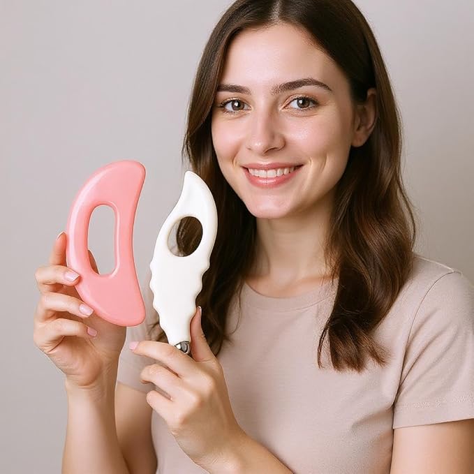 2-Piece Gua Sha Tool Set – Pink Moon Shape & White Wave Grip Massage Tool for Face & Body – Natural Stone Skin Care for Lymphatic Drainage, Firming & Relaxation