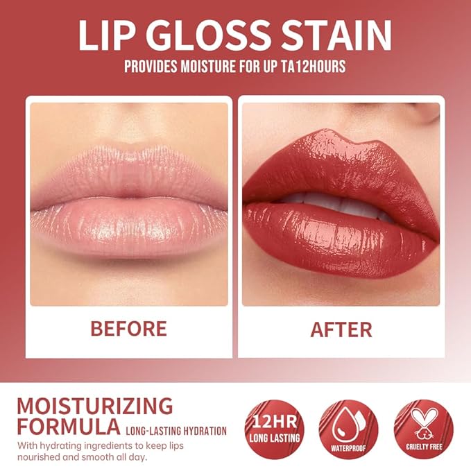 Lip Stain Hydrating High Shine – Lightweight Non-Sticky Glossy Lip Tint, Mirror Shine Moisturizing Lip Makeup for Plump & Full Lips, Long-Lasting Rich Color Lip Glaze, Soft Smooth Lip Gloss 08#
