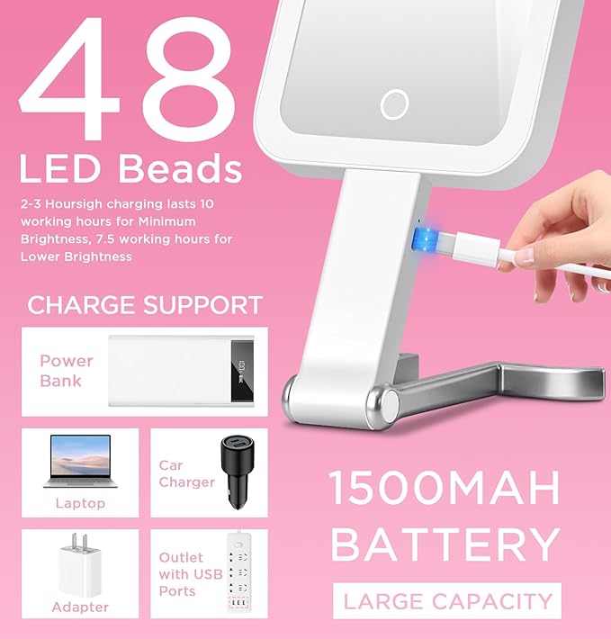 Travel Mirror with Lights, Magnifying Makeup Mirror 10X/1X Double Sided with 3 Color Lighting & Dimmable Touch Screen, Compact Handheld Cosmetic Vanity Mirror for Desktop Travel/Bathroom, Women Gifts
