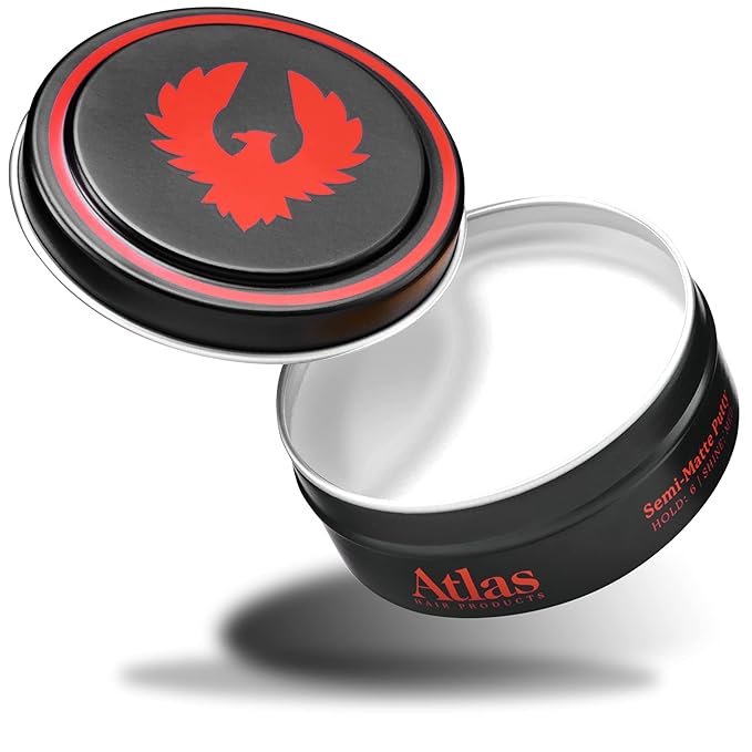 Atlas Pomade for Men, Semi-Matte, All day hold, Volumizing Hair Styling Product, Medium Hold, Low Shine Clay and Pomade Hybrid, For All Hair Types, Water Soluble, Hair Paste, 2.4oz, Pack of 1