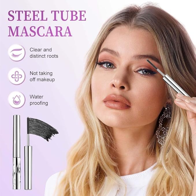 Iron Wand Mascara, Waterproof Metal Wand Mascara - Brushless Design for 3D Curling, Volumizing & Lengthening，Long-Lasting No Clumping EyelashMascara (Black & Brown)