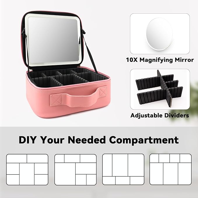 SLUMAZI Travel Makeup Bag with LED Mirror and 10x magnifying glass with 3 Lighted Settings, Adjustable Dividers and Makeup Brush Storage Bag Pink