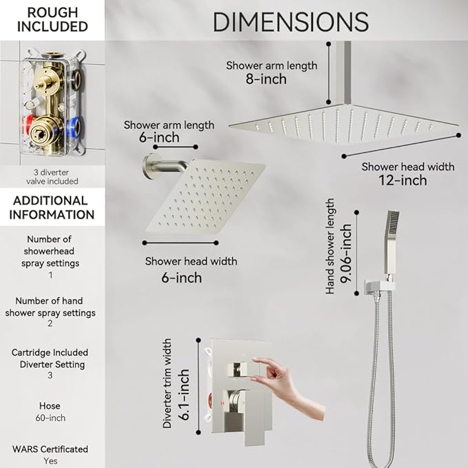 Rain Shower System Brushed Nickel, STARBATH 12+6" Double Rain Shower Head and Handheld Spray for Two Person, Ceiling Mount 3 Way Shower Faucet Set with 5 Diverter Valve and Trim Kit Complete