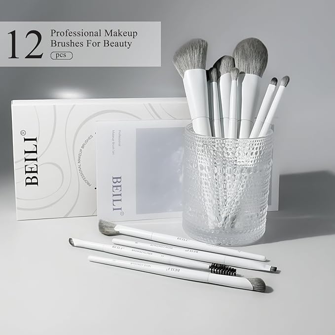 BEILI 12-Piece White Makeup Brush Set, Premium Synthetic Brushes for Foundation, Blending, Eyeshadow, Contour, Blush, and Eyeliner, Luxury Gift-Ready