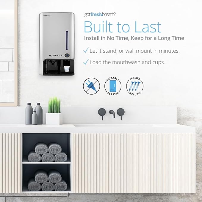 GotFreshBreath Commercial Mouthwash Dispenser with Cup Holder – Standing or Wall-Mounted, Slim, Commercial Mouthwash Dispenser with 100 Cups & 50 Oz. Alcohol-Free Mouthwash (Nickel)…