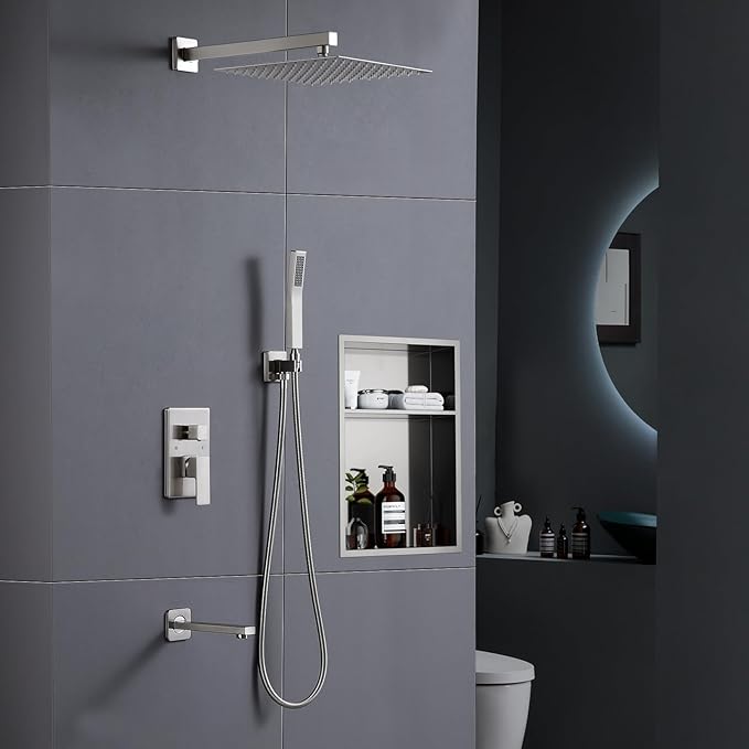 POPFLY 3-Function Shower Faucet Set – 10 Inch Rainfall Shower Head, Handheld Spray & Tub Spout, Brushed Nickel Wall Mounted Bathroom System with Solid Brass Valve & Trim Kit