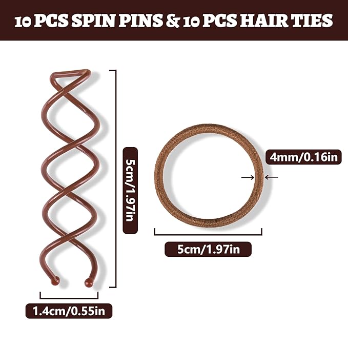 Teenitor 20Pcs Spiral Hair Pins, Spiral Bobby Pins, Twist Hair Pins for Buns, Spin Pins Hair Bun Maker for Women Girls with 10 Hair Ties, Brown
