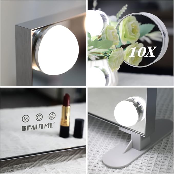 BEAUTME Vanity Mirror with Lights,Dressing Tabletop Vanity Mirror with Led Lights Beauty Mirror, Comes with a Tenfold Magnifying Glass, Intelligent Touch Desktop/Wall Mounted Makeup Mirror