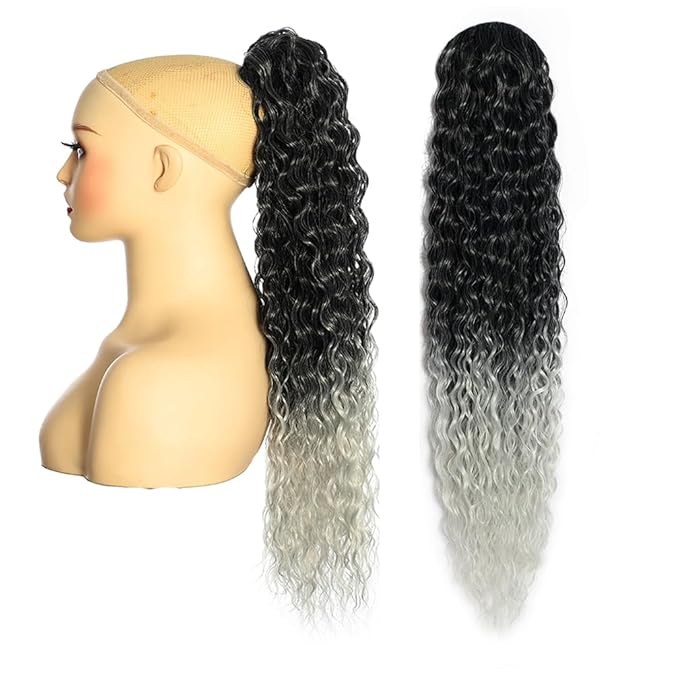 Deep Wave Ponytail Extension for Women 12 Inch Black to Gray Curly Wavy Ponytail Hair Extensions Drawstring with Clips Short Synthetic Hairpiece for Daily and Party