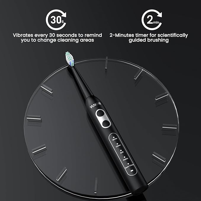 YUNCHI Electric Toothbrush Birthday/Valentine Plastic 8 Heads 24-Mo Deep Cleans Gentle Gums Removes Stains 3Hr USB-C 90d 2-Min Timer/30s IPX7 - Black