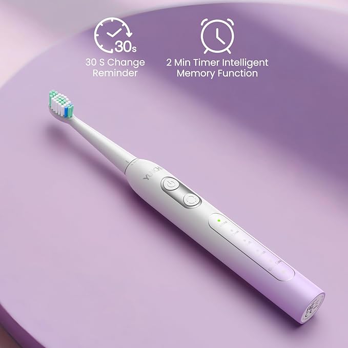 YUNCHI Electric Toothbrush Birthday/Valentine Plastic 8 Heads 24-Mo Deep Cleans Gentle Gums Removes Stains 3Hr USB-C 90d 2-Min Timer/30s IPX7 - Purple