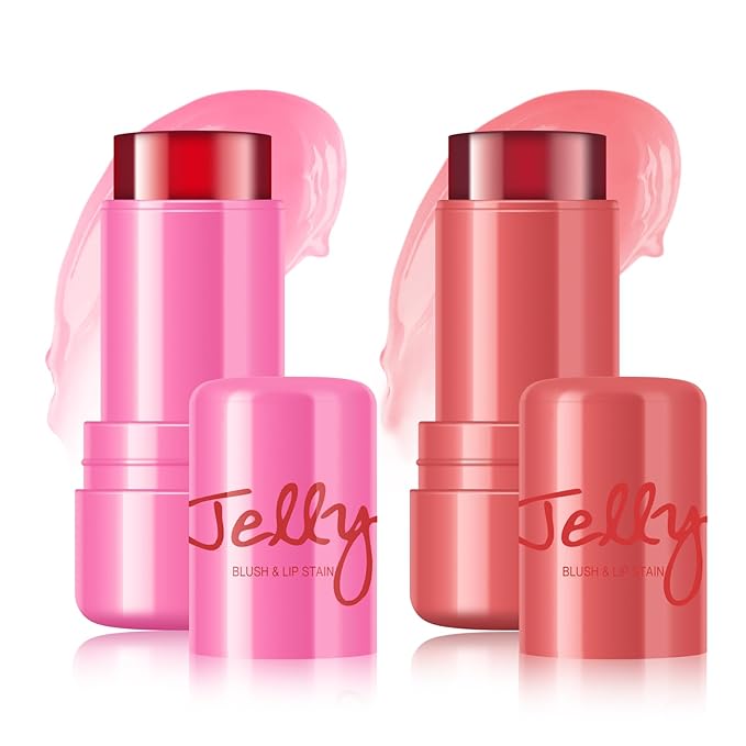 2Pcs Water Jelly Tint Blush,Jelly Blush Lip Cheek Pink+#03 Red