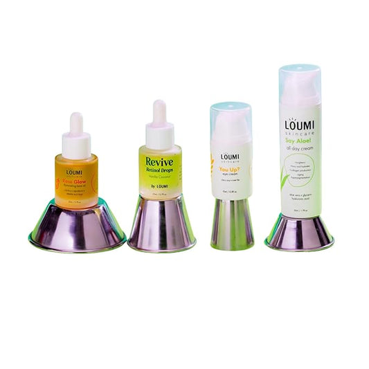 LOUMI Skincare The Glow Pack - Say Aloe! All Day Cream, You Up? Eye Cream, Rose Glow Illuminating Oil, & Revive Retinol Drops - Hydrating, Brightening, Moisturizing Daily Skincare Set for Radiant Skin