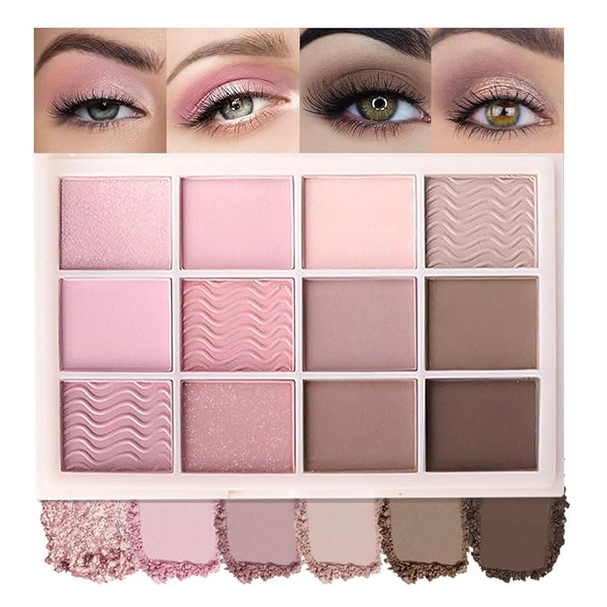 SUAKE 12 Colors Matte Shimmer Eyeshadow Palette for Eye Makeup,with Mirror, Nude Brown Pink Peach, High Pigmented Tan Gray Eye Shadow Primers Powder Palet de sombras de ojos